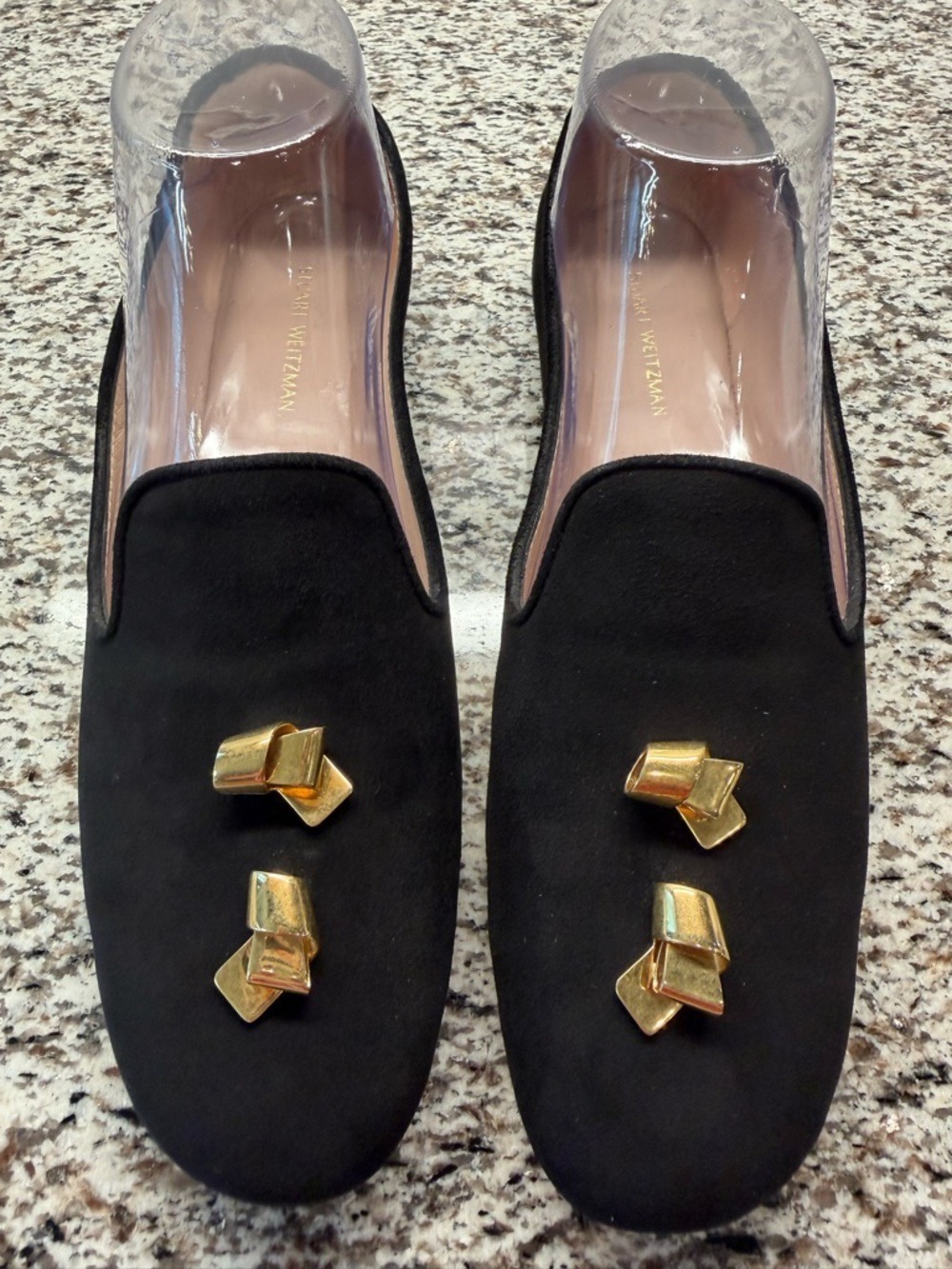 Stuart Weitzman Black Suede Loafers - Gold twist knot Hardware - Size 7.5